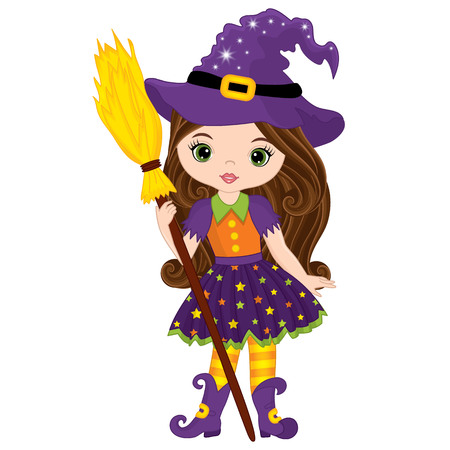 Vector cute little witch with broomstick. Vector Halloween witch. Halloween witch vector illustrationのイラスト素材