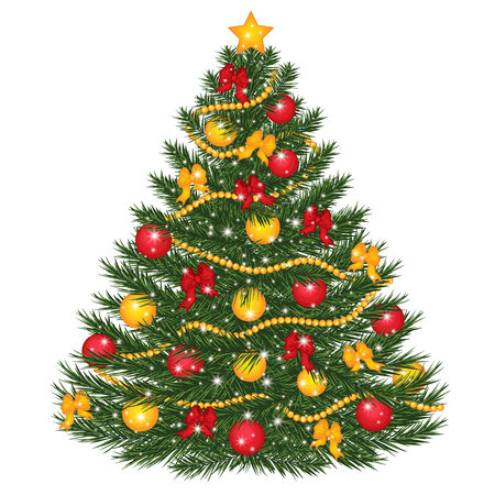 Vector decorated Christmas tree. Vector Christmas tree decorated with balls, red bows, lights and star. Christmas tree vector illustrationのイラスト素材