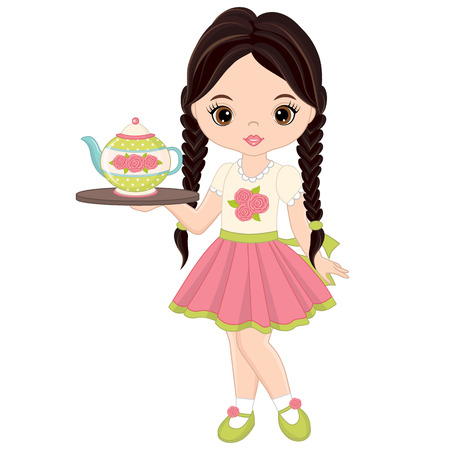 Cute little girl with tea pot and tray.のイラスト素材