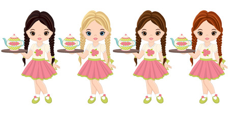 Cute little girls with tea pot and tray.のイラスト素材