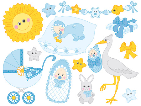 Vector cute baby boy set. Set includes stroller, stork. bunny, sun and diapers in blue and yellow colours. Vector baby  boy shower. Baby boy vector illustration