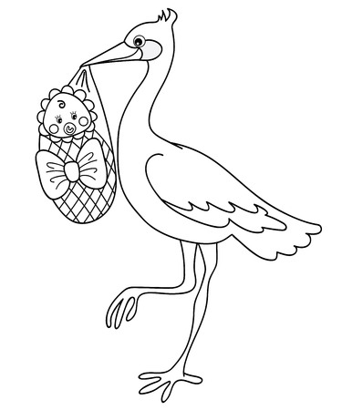 Black and white stork holding a cute baby. stork. baby shower. Stork and baby illustrationのイラスト素材