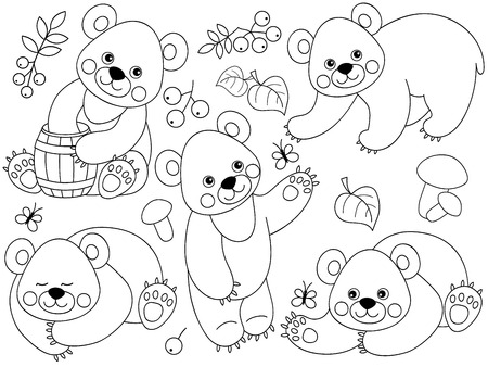 Set of black and white cute cartoon forest bears. woodland bears, mushrooms, leaves, nuts and berries. Forest bears illustrationのイラスト素材