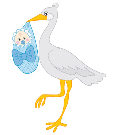 Grey stork holding a baby boy. stork. baby shower. Stork and baby boy illustrationのイラスト素材