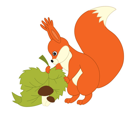 Cute cartoon squirrel with leaf and mushroom. Squirrel illustrationのイラスト素材