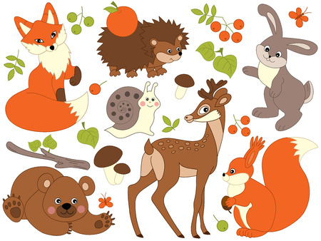 Set of cute wild animals in the forest - fox, deer, bear, hedgehog, squirrel, snail and rabbit. woodland animals. Forest animals illustrationのイラスト素材