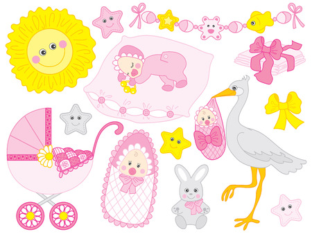 Cute baby girl set. Set includes stroller, stork. bunny, sun, diapers in pink and yellow colour. baby girl shower. Baby girl illustrationのイラスト素材