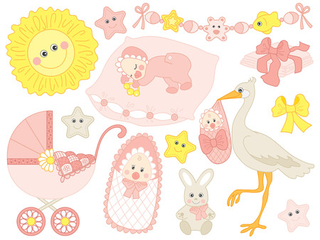 Cute baby girl set. Set includes stroller, stork. bunny, sun, diapers in pastel colour. baby girl shower. Baby girl illustrationのイラスト素材