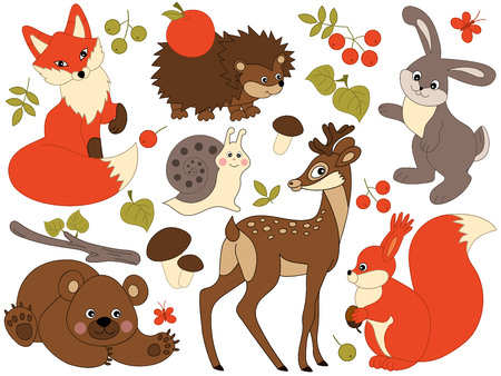Vector set of cute wild forest animals. Set includes fox, deer, bear, hedgehog, squirrel, snail and rabbit. Vector woodland animals. Forest animals vector illustrationのイラスト素材