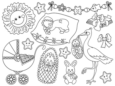 Vector black and white cute baby set. Set includes stroller, stork. bunny, sun and diapers. Vector baby shower. Baby shower vector illustrationのイラスト素材
