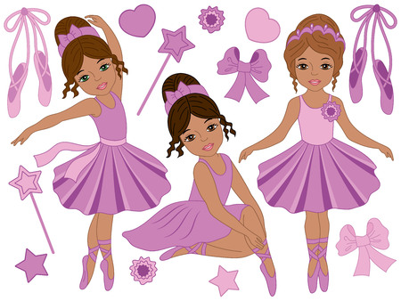 Vector set with beautiful African American ballerinas, bows and ballet shoes. Vector  ballerinas in purple tutu dresses dancing. Ballerinas vector illustrationのイラスト素材