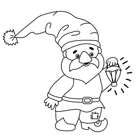 Vector black and white cute cartoon gnome with lantern. Vector garden gnome. Vector forest gnome. Vector gnome. Gnome vector illustrationのイラスト素材