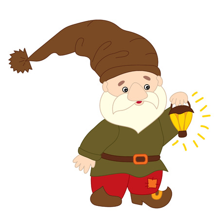 Vector cute cartoon gnome with lantern.  Vector garden gnome. Vector forest gnome. Vector gnome. Gnome vector illustration.のイラスト素材