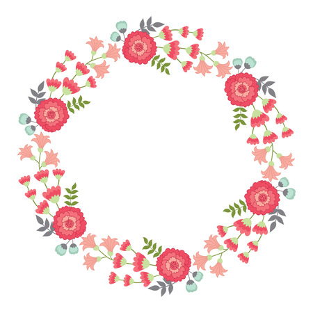 Vector pink floral wreath. Floral wreath with pink flowers and green leaves. Floral wreath vector illustrationのイラスト素材