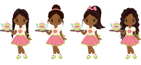 Vector cute little African American girls with tea cups, cupcakes and trays. Vector little girls with various hairstyles. Vector tea party. Little African American girls vector illustrationのイラスト素材