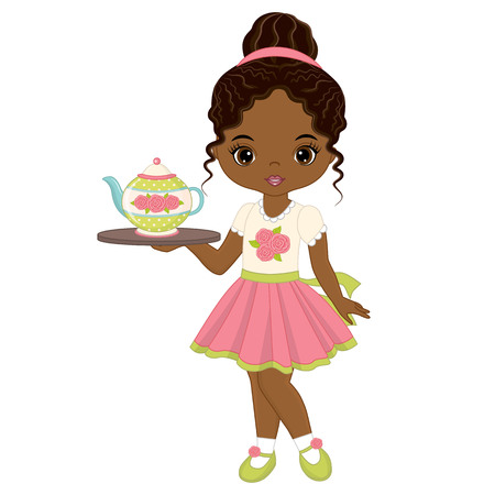 Vector cute little African American girl with tea pot and tray. Vector tea party. Little African American girl vector illustrationのイラスト素材