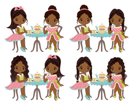 Vector cute little African American girls having tea. Vector little girls with various hairstyles. Vector tea party. Little African American girls vector illustrationのイラスト素材