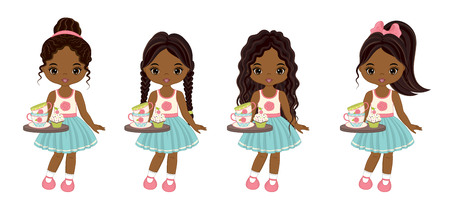 Vector cute little African American girls with tea cups, cupcakes and trays. Vector little girls with various hairstyles. Vector tea party. Little African American girls vector illustrationのイラスト素材