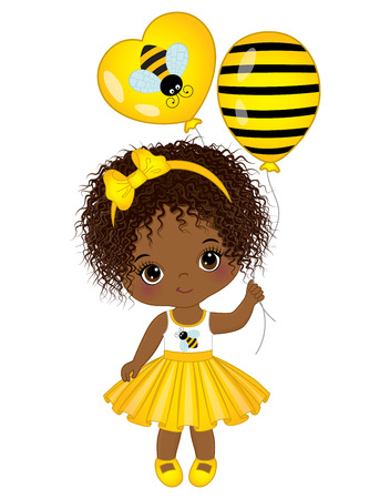 Vector cute little African American girl with air balloons. Little girl dressed in bee style. Little African American girl vector illustrationのイラスト素材