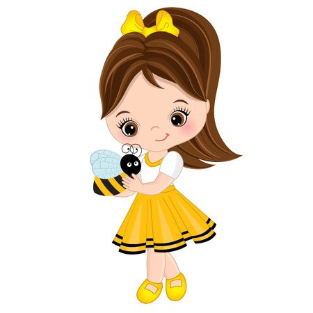 Vector cute cartoon little girl with bee. Little girl dressed in bee style. Little girl vector illustrationのイラスト素材