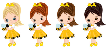 Vector cute little girls with various hair colors. Little girls dressed in bee style. Little girls vector illustrationのイラスト素材