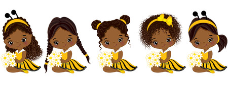 Vector cute little African American girls with various hairstyles. Little girls dressed in bee style. Little African American girls vector illustrationのイラスト素材