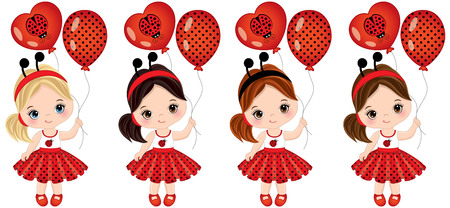 Cute little girls with various hair colors. Little girls dressed in ladybug style. Little girls with balloons illustrationのイラスト素材