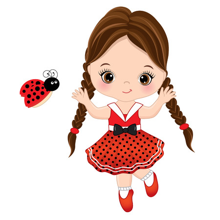 Cute little girl with ladybug. little girl in polka dot dress running. Little girl and ladybug illustrationのイラスト素材