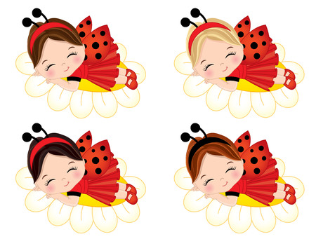Cute little girls with various hair colors. Little girls dressed in ladybug style sleeping on flowers. Little girls illustrationのイラスト素材