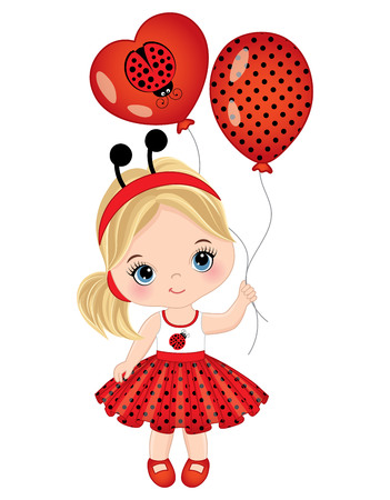 Vector cute little girl with balloons. Little girl dressed in ladybug style. Little girl vector illustrationのイラスト素材