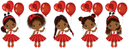 Vector cute little African American girls with various hairstyles. Vector little girls dressed in ladybug style. Little African American girls vector illustrationのイラスト素材