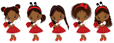 Vector cute little African American girls with various hairstyles. Vector little girls dressed in ladybug style. Little African American girls vector illustrationのイラスト素材