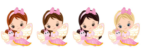 Cute little fairies with various hair colors. little girls with butterflies. Fairies and butterflies illustrationのイラスト素材