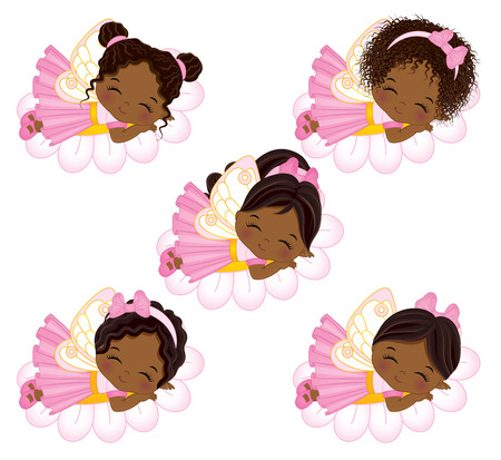 Vector cute little African American fairies with various hairstyles sleeping on flowers. Vector little African American girls. Vector fairy. Fairies vector illustrationのイラスト素材