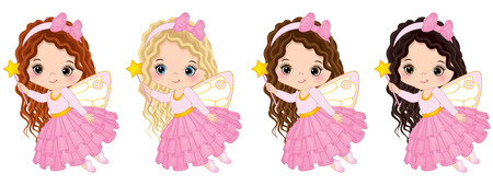 Vector cute little fairies with various hair colors flying. Vector little girls. Fairies vector illustrationのイラスト素材