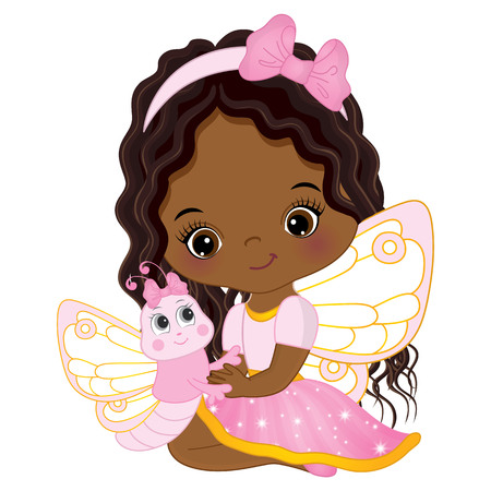 Vector cute little African American fairy with cartoon butterfly. Vector little African American girl. Fairy and butterfly vector illustrationのイラスト素材