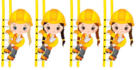 Vector cute little girls climbing up the ladders and holding drawings. Vector little girls with various hair colors. Vector construction. Little builder vector illustrationのイラスト素材