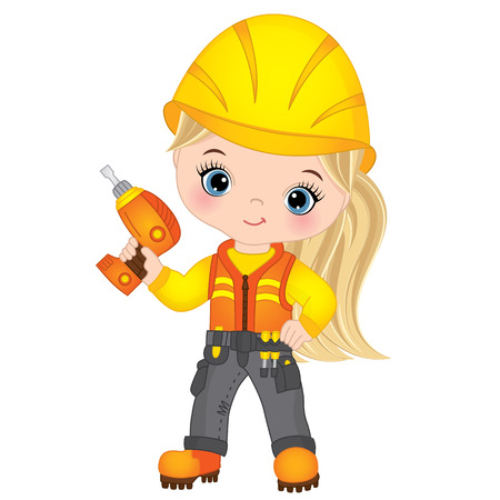 Vector cute little girl drilling. Vector construction. Little builder vector illustrationのイラスト素材