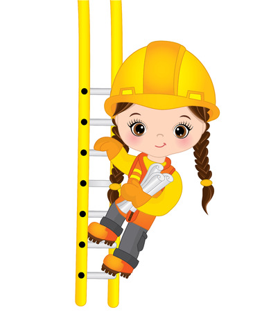 Vector cute little girl climbing up the ladder and holding drawings. Vector construction. Little builder vector illustrationのイラスト素材