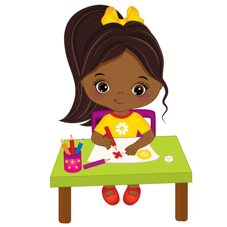 Vector cute little African American artist drawing. Vector cute little African American girl. Little artist vector illustrationのイラスト素材