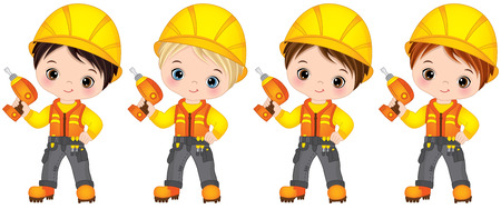 Vector cute little boys drilling. Vector little boys with various hair colors. Little builders vector illustrationのイラスト素材
