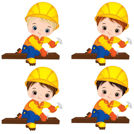 Vector cute little boys hammering nails. Vector little boys with various hair colors. Little builders vector illustrationのイラスト素材
