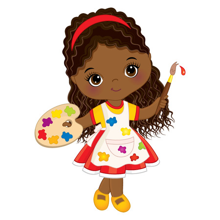 Vector cute little African American artist. Vector cute little African American girl with palette and paint brush. Little artist vector illustrationのイラスト素材