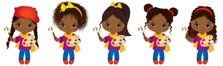 Vector cute little African American girls with various hairstyles. Vector little African American artists with palettes and paint brushes. Little artists vector illustrationのイラスト素材