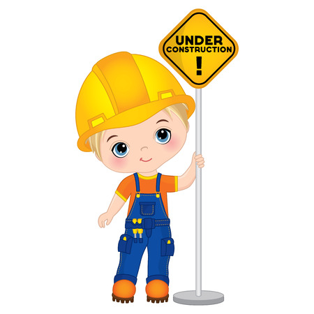 Vector cute little boy holding the sign - under construction. Vector construction. Little builder vector illustrationのイラスト素材