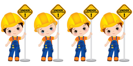Vector cute little boys holding the sign - under construction. Vector little boys with various hair colors. Vector construction. Little builders vector illustrationのイラスト素材