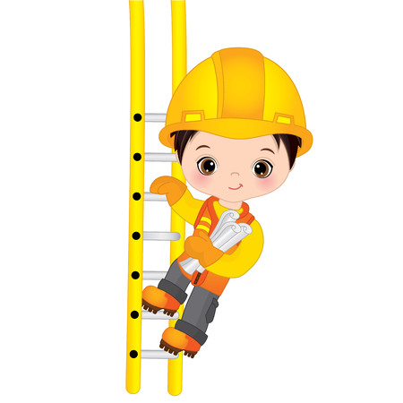 Vector cute little boy climbing up the ladder and holding drawings. Vector construction. Little builder vector illustrationのイラスト素材