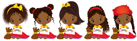 Vector cute little African American girls with various hairstyles. Vector little African American artists drawing. Little artists vector illustrationのイラスト素材
