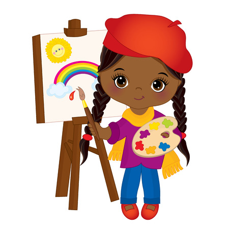 Vector cute little African American artist painting on easel, holding palette and paint brush. Vector cute little African American girl. Little artist vector illustrationのイラスト素材