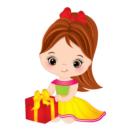 A Vector cute little girl with gift box. Little girl vector illustration.のイラスト素材